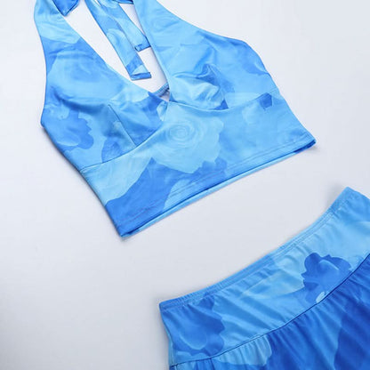 Halter v neck flower print mini skirt set