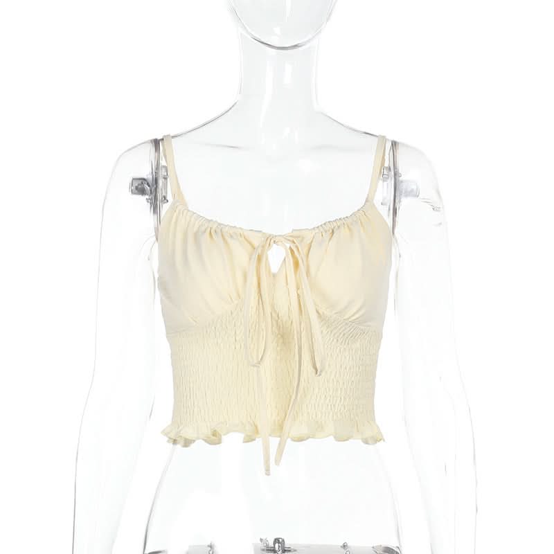 Smocked self tie ruffle cami top