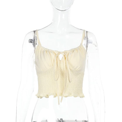 Smocked self tie ruffle cami top