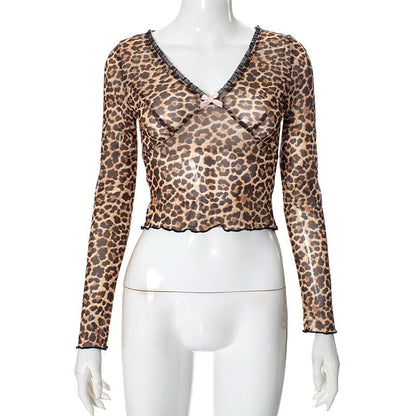 Leopard print v neck bowknot long sleeve top