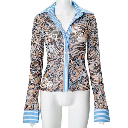Turnover collar leopard print mesh button top