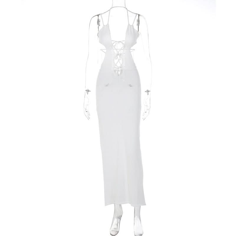 Knitted halter hollow out cami cut out maxi dress
