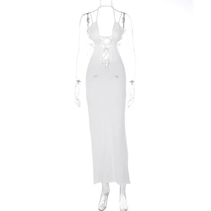 Knitted halter hollow out cami cut out maxi dress