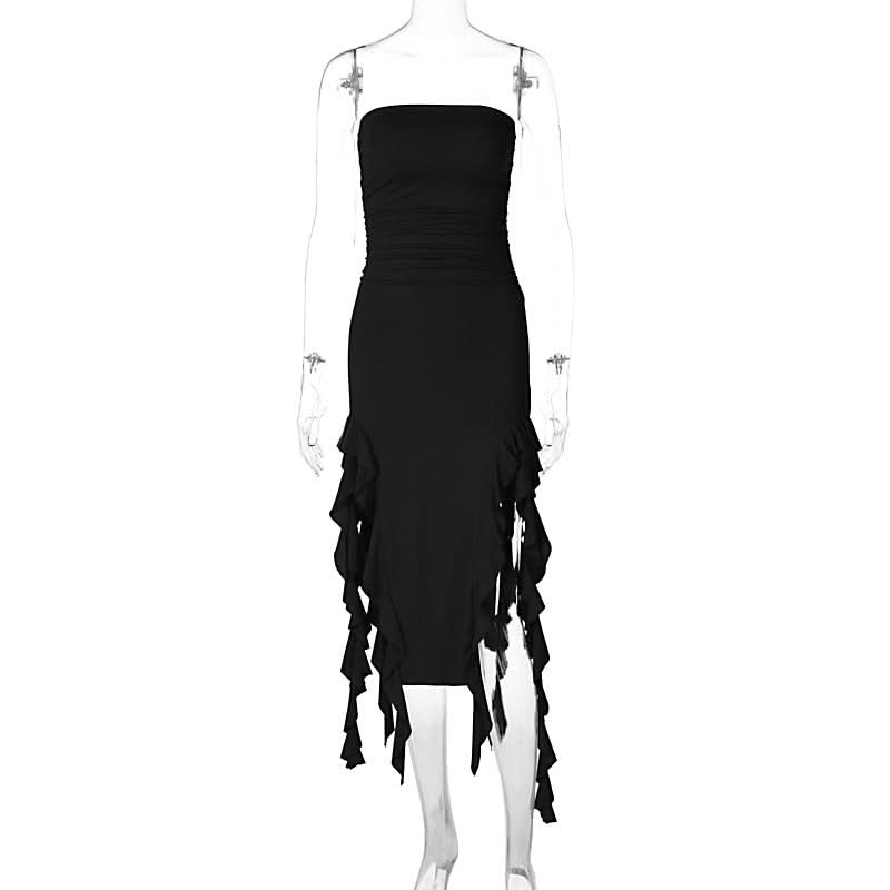 Irregular solid ruffle tube midi dress