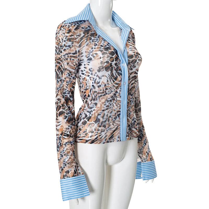 Turnover collar leopard print mesh button top