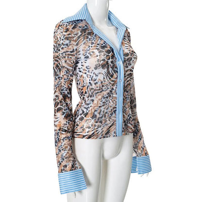 Turnover collar leopard print mesh button top