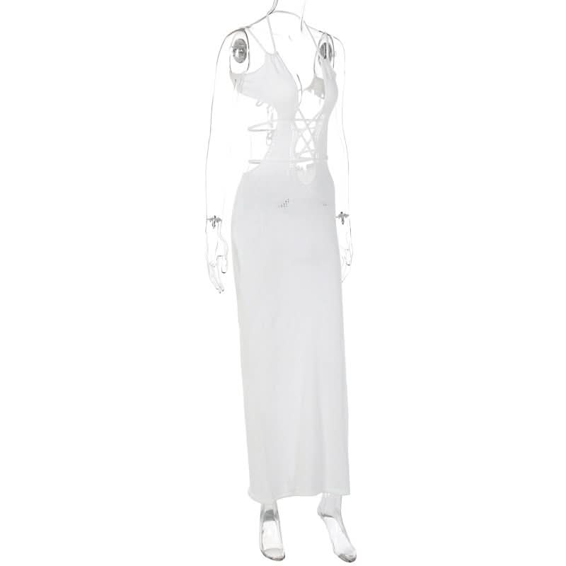 Knitted halter hollow out cami cut out maxi dress