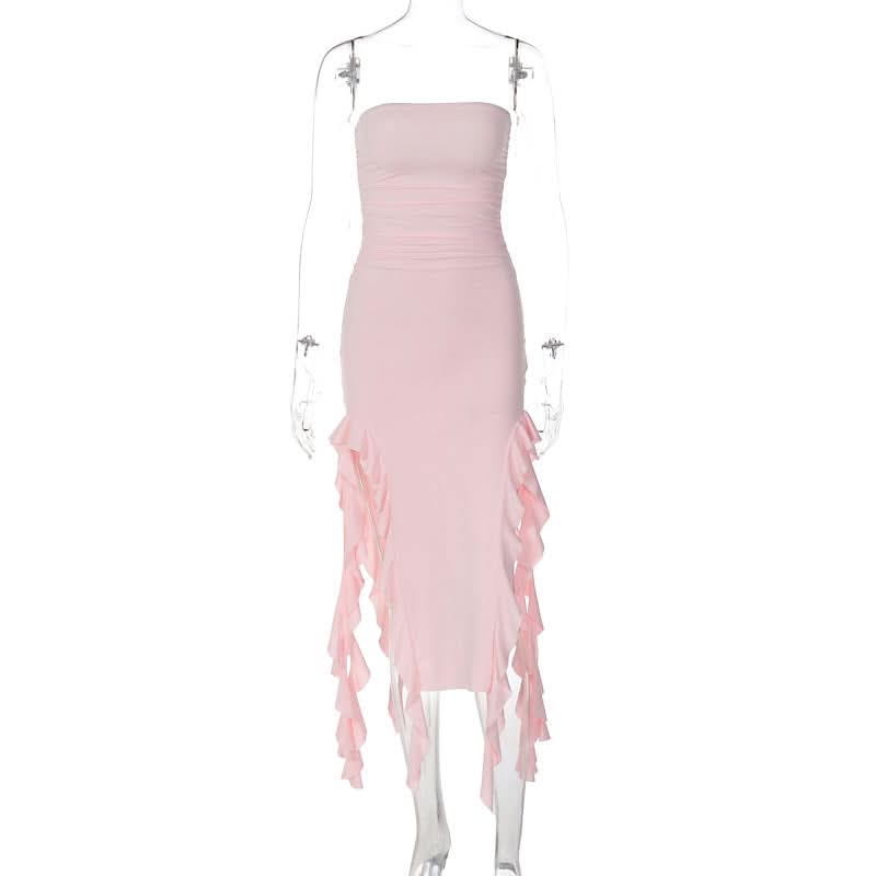 Irregular solid ruffle tube midi dress