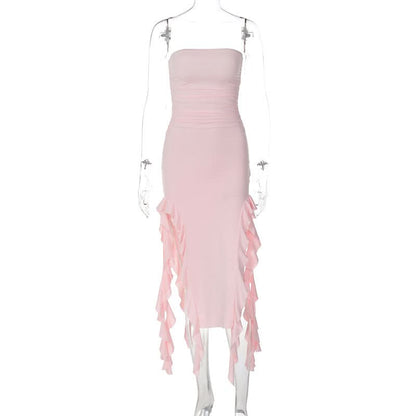 Irregular solid ruffle tube midi dress
