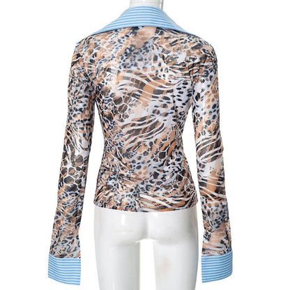 Turnover collar leopard print mesh button top