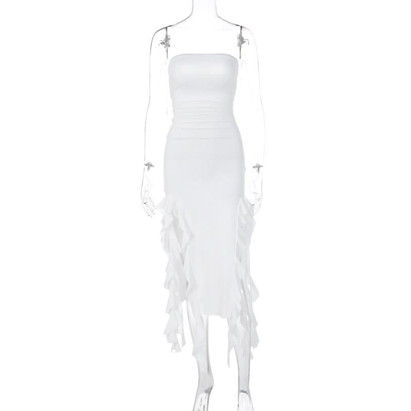 Irregular solid ruffle tube midi dress
