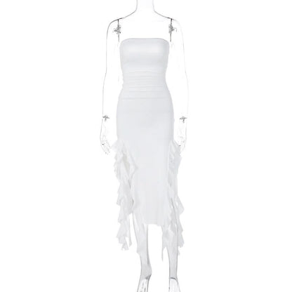 Irregular solid ruffle tube midi dress