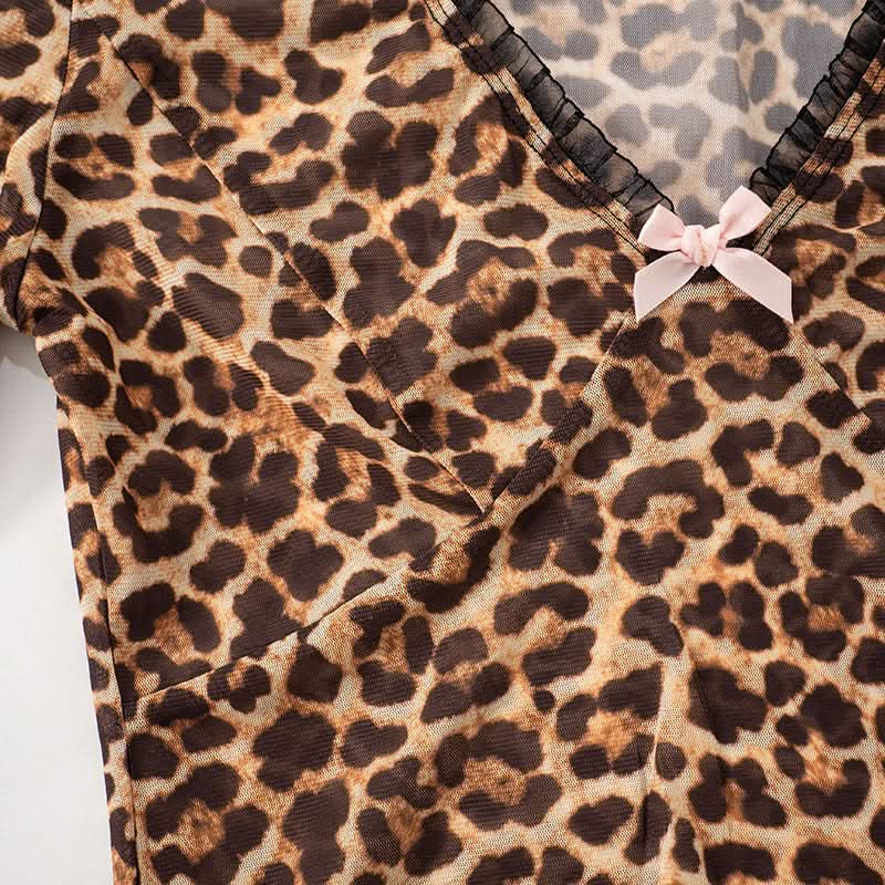 Leopard print v neck bowknot long sleeve top