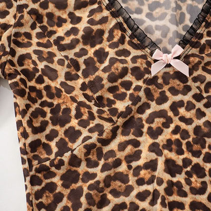 Leopard print v neck bowknot long sleeve top