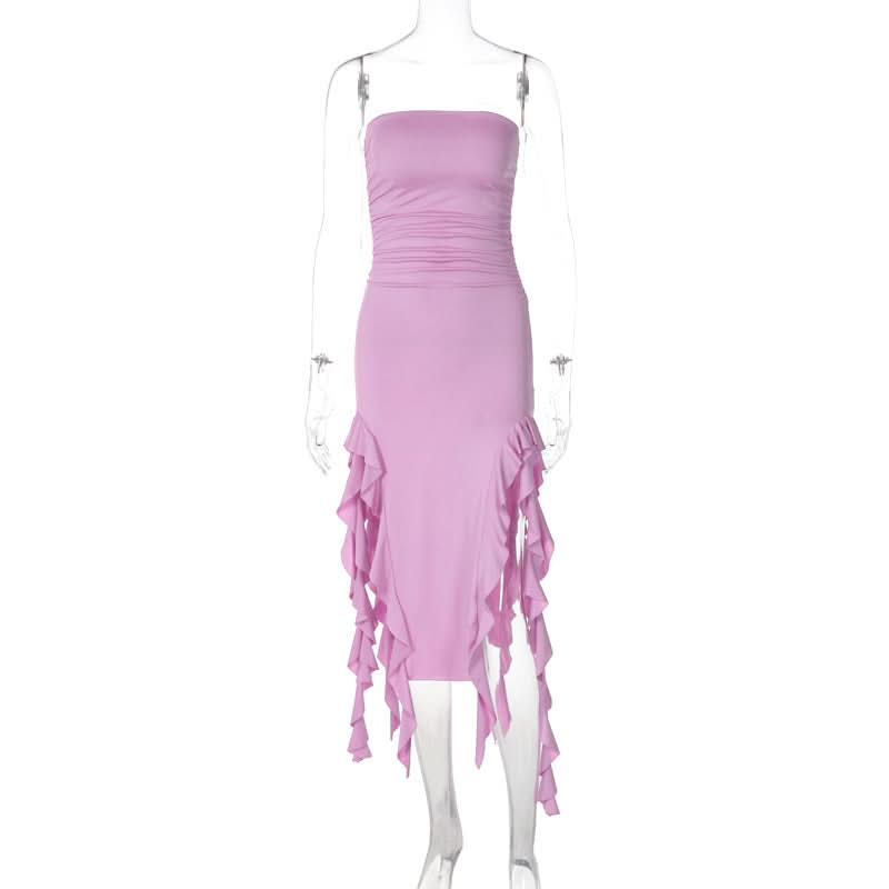 Irregular solid ruffle tube midi dress