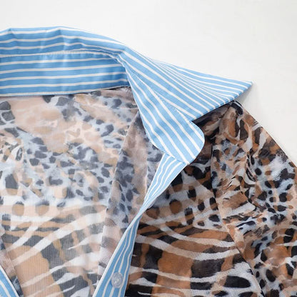 Turnover collar leopard print mesh button top