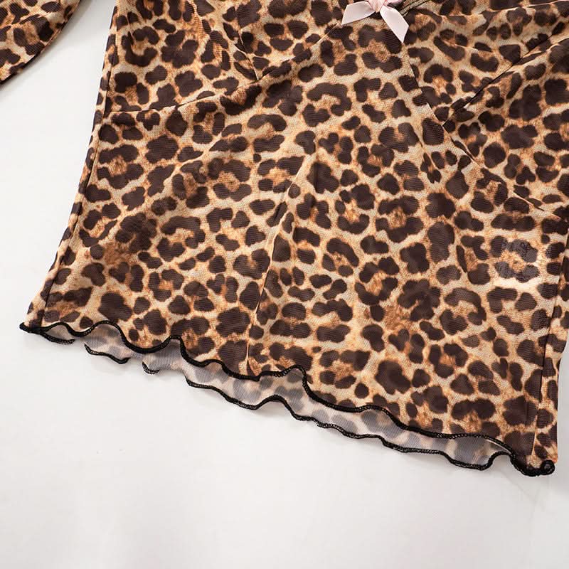 Leopard print v neck bowknot long sleeve top