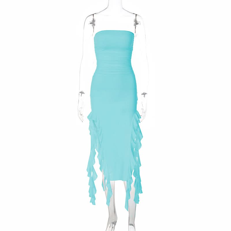 Irregular solid ruffle tube midi dress