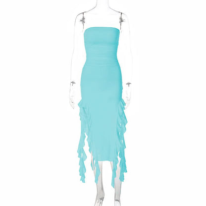 Irregular solid ruffle tube midi dress