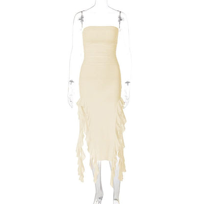Irregular solid ruffle tube midi dress