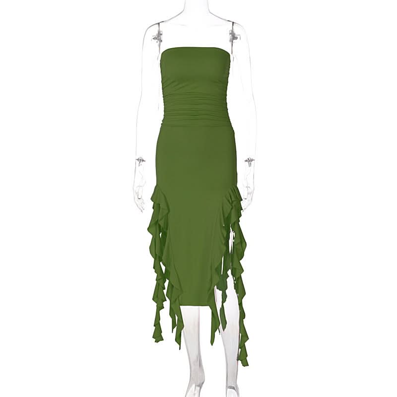Irregular solid ruffle tube midi dress