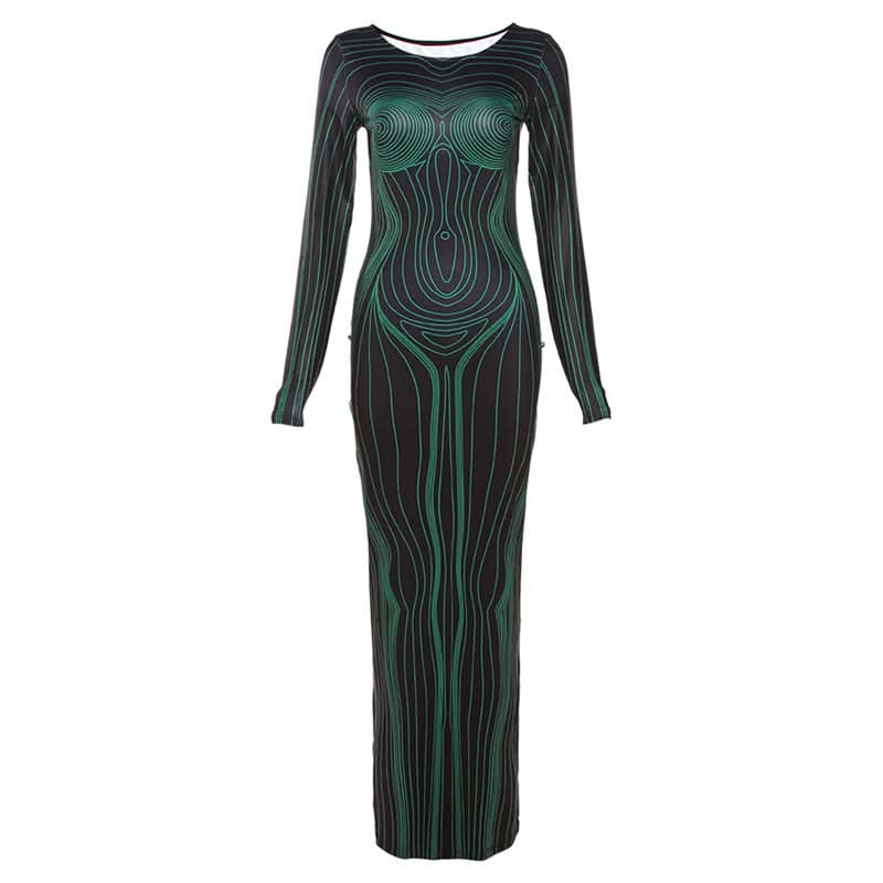 Long sleeve crewneck body print maxi dress