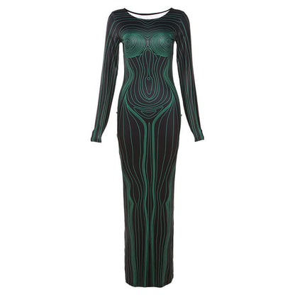 Long sleeve crewneck body print maxi dress