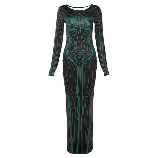 Long sleeve crewneck body print maxi dress