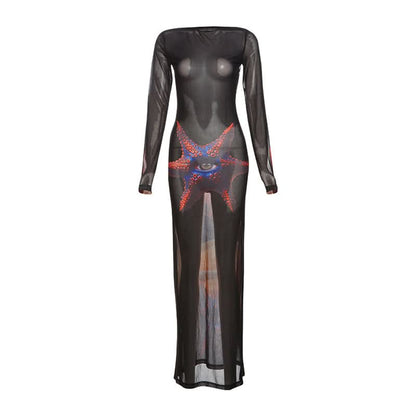 Long sleeve self tie sheer mesh print maxi dress