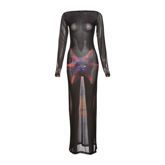 Long sleeve self tie sheer mesh print maxi dress