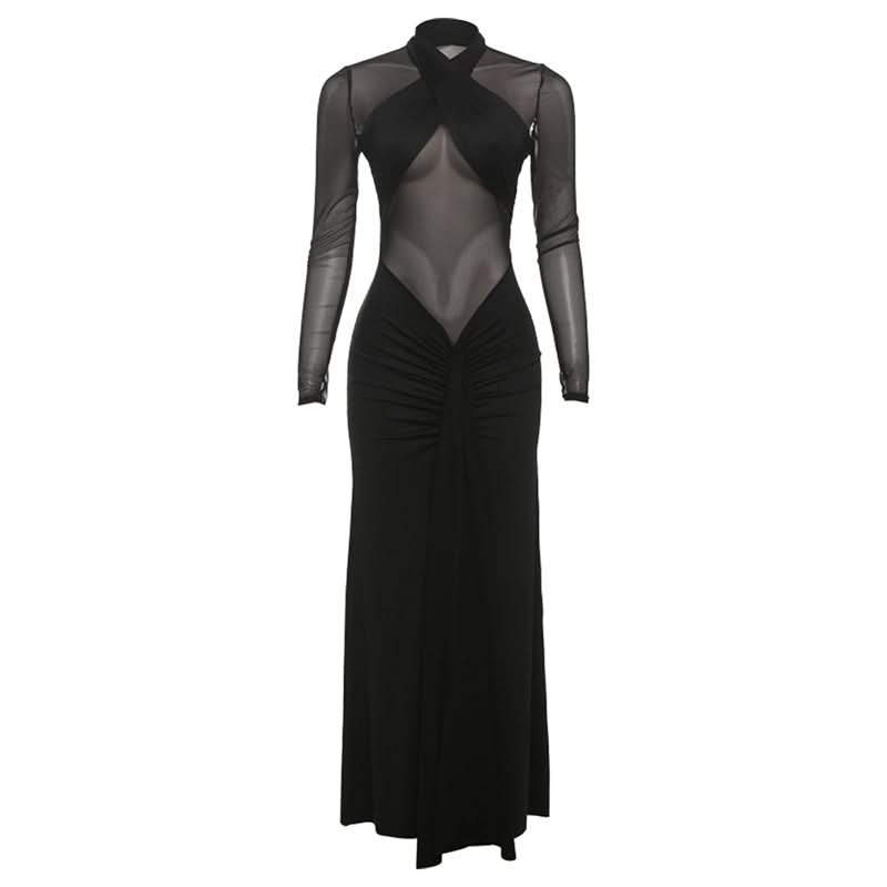 Mesh long sleeve ruched solid maxi dress