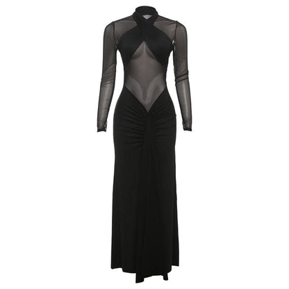 Mesh long sleeve ruched solid maxi dress