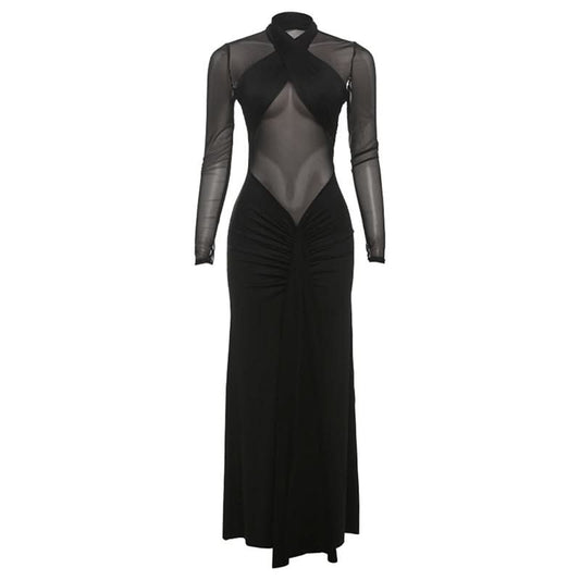 Mesh long sleeve ruched solid maxi dress