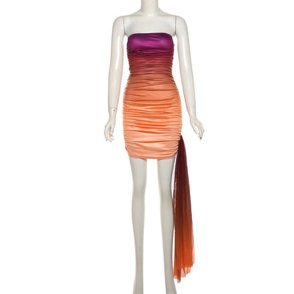 Ruched gradient irregular backless tube mini dress