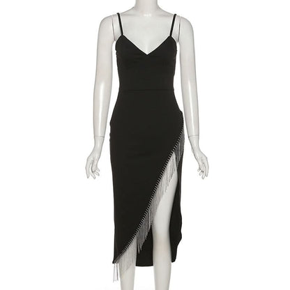 Beaded v neck irregular slit cami midi dress