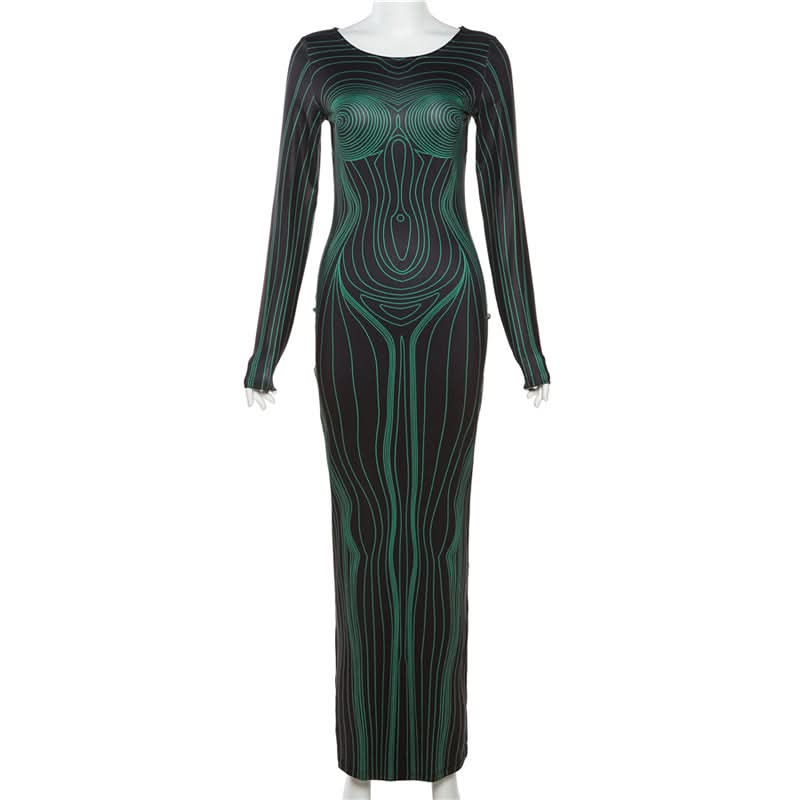 Long sleeve crewneck body print maxi dress