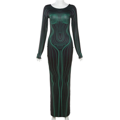 Long sleeve crewneck body print maxi dress