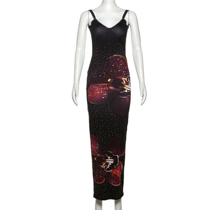 V neck ruched polka dot flower print cami maxi dress