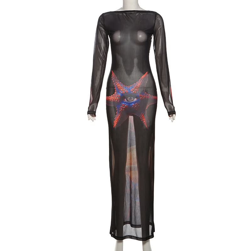 Long sleeve self tie sheer mesh print maxi dress