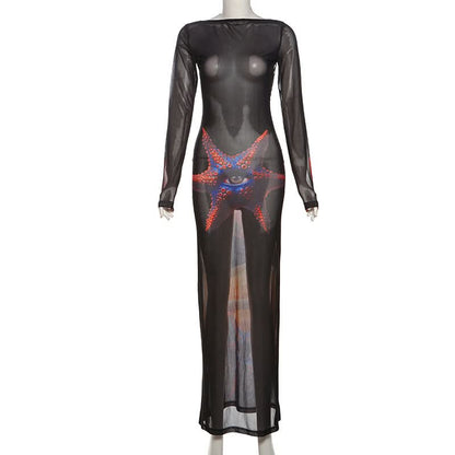 Long sleeve self tie sheer mesh print maxi dress