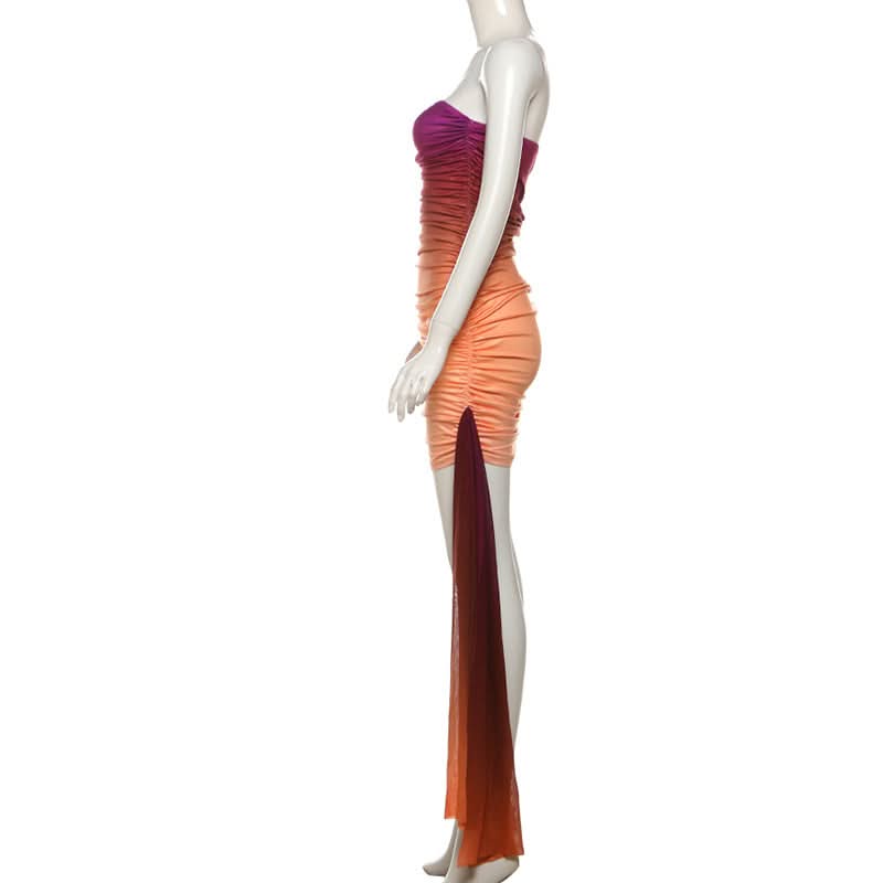 Ruched gradient irregular backless tube mini dress