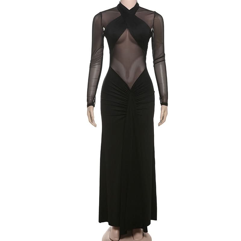 Mesh long sleeve ruched solid maxi dress