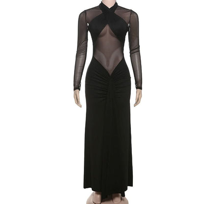 Mesh long sleeve ruched solid maxi dress