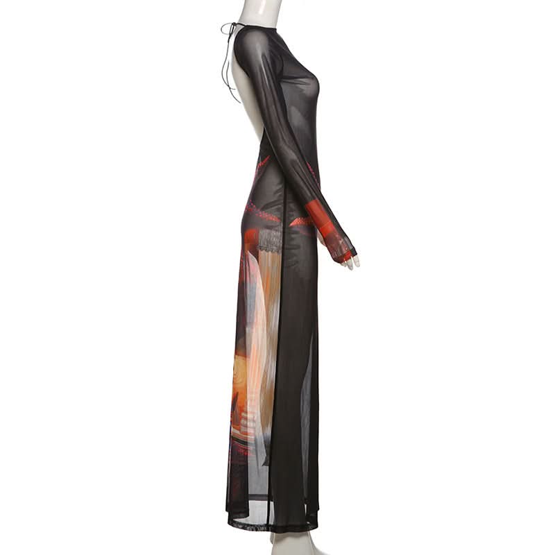 Long sleeve self tie sheer mesh print maxi dress