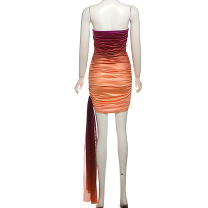 Ruched gradient irregular backless tube mini dress