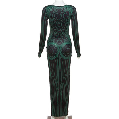 Long sleeve crewneck body print maxi dress