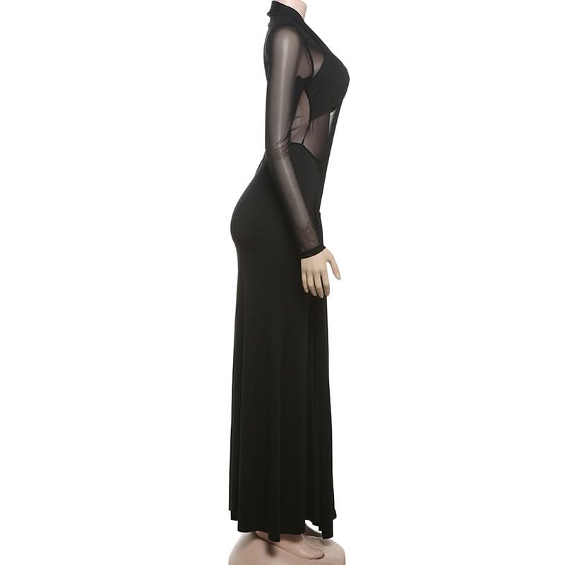 Mesh long sleeve ruched solid maxi dress