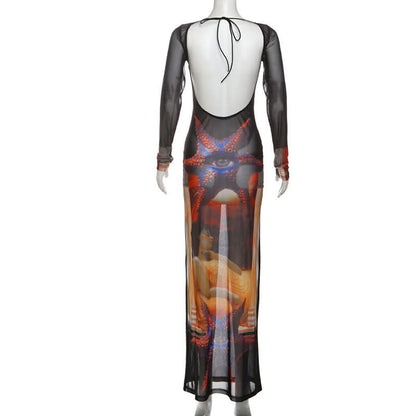 Long sleeve self tie sheer mesh print maxi dress