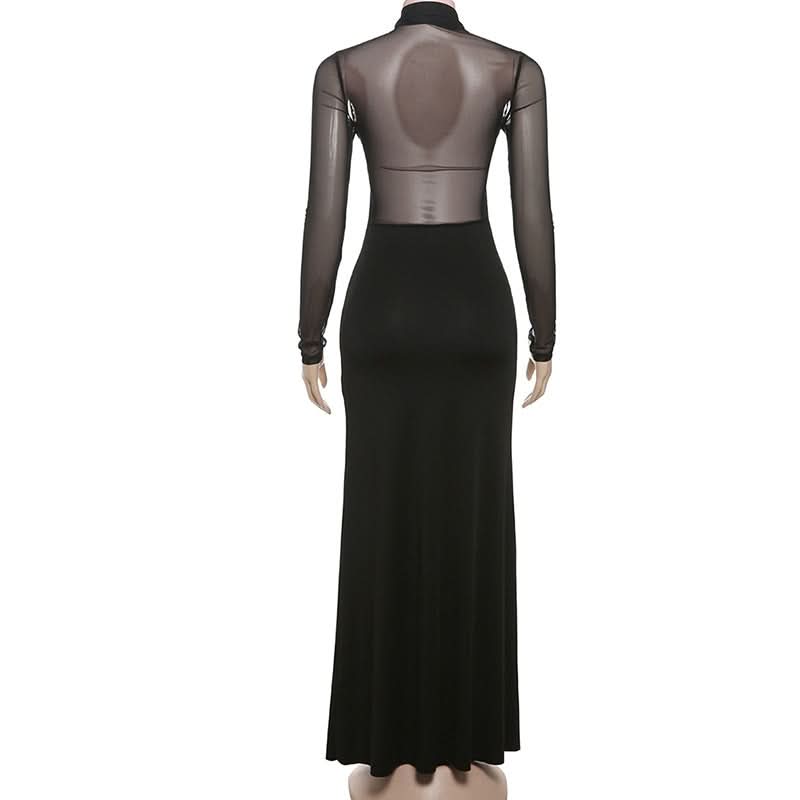 Mesh long sleeve ruched solid maxi dress
