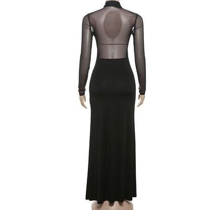 Mesh long sleeve ruched solid maxi dress
